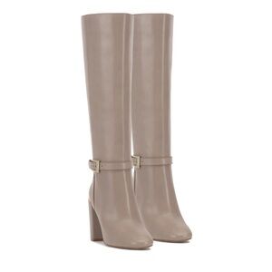 VINCE CAMUTO Joanel Taupe Knee High Leather Block Heel Buckle Zip Boot Size 8